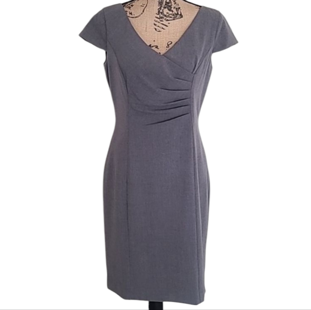 Ellen Tracy Gray Pleated Front Accent Sheath Dress